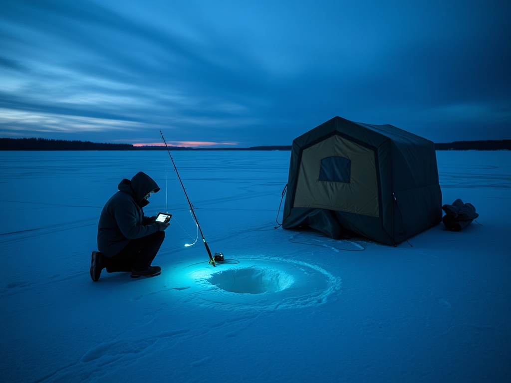 "Frozen lake at dusk, a solitary angler kneels by a drilled ice hole, insulated shelter nearby, glowing fish finder, slender jigging line swaying, crisp snow, dramatic blue light, adventurous atmosphere."