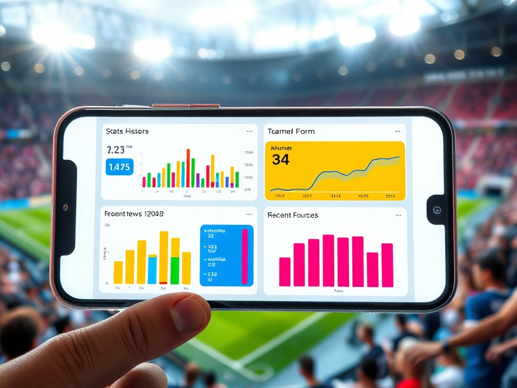 "photorealistic smartphone screen showing colorful football stats dashboards, team comparison charts, recent form graph, clean icons, sleek UI glow, stadium background bokeh, modern young audience vibe"
