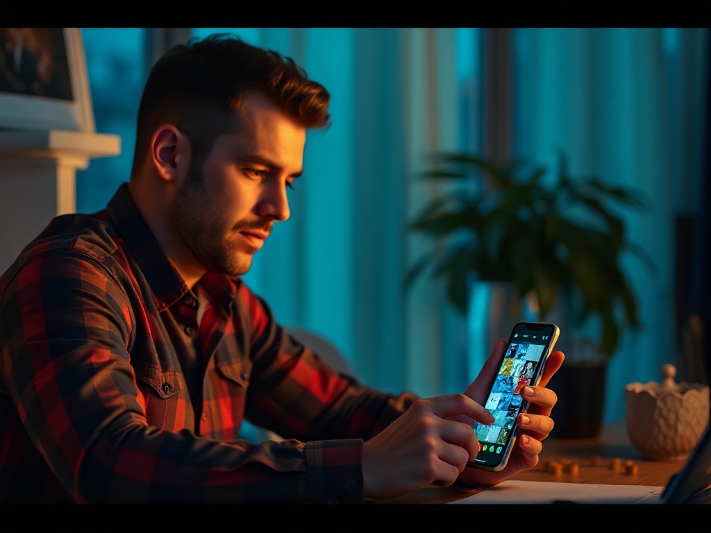 "a focused adult man at desk, smartphone shows shifting puzzle tiles, subtle glowing timer aura, competitive vibe, calm evening lighting"