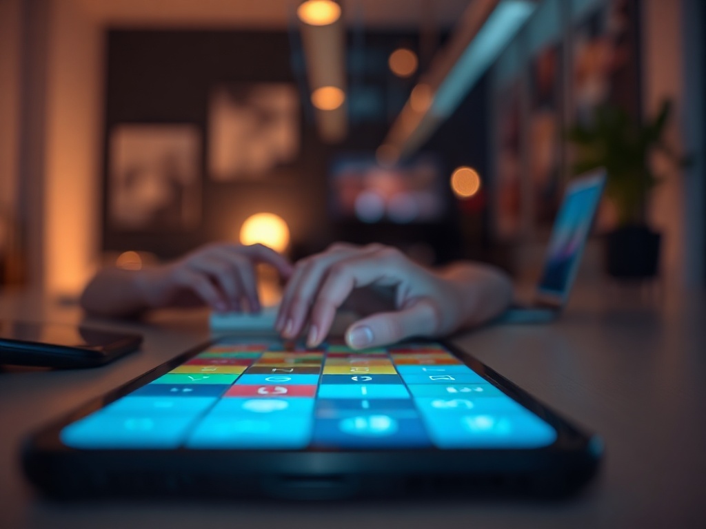 "modern adult puzzle game interface" "glowing tiles" "time pressure timerless blur" "focused hands on phone" "dynamic colorful patterns" "calm evening desk"