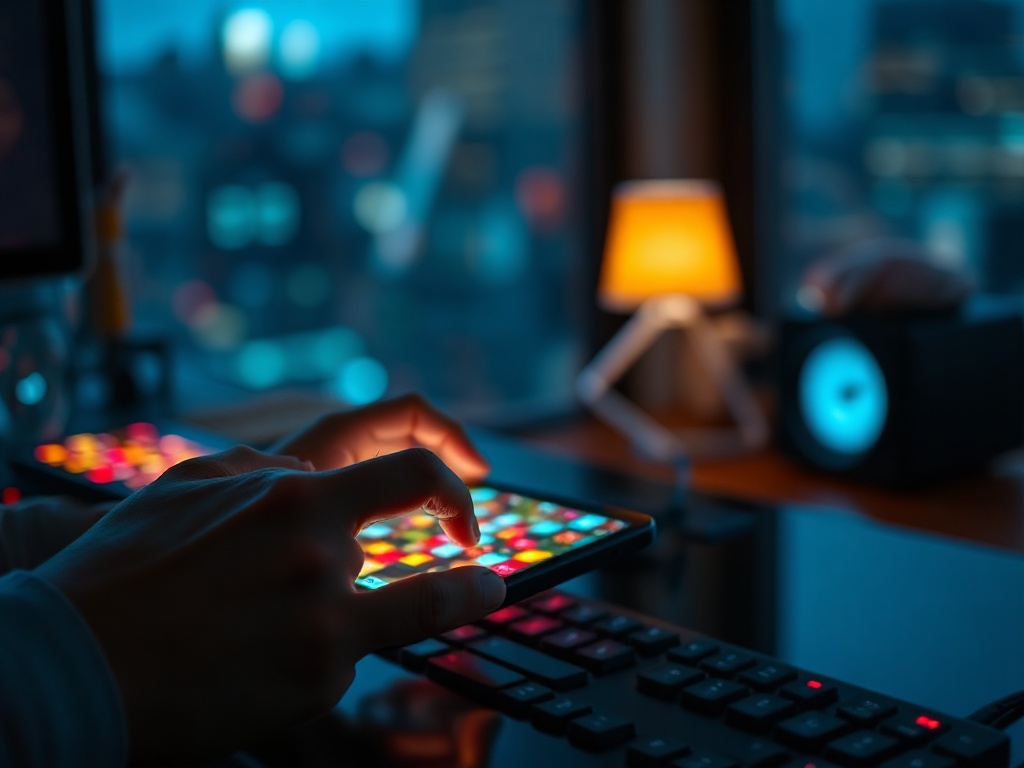 "modern adult puzzle game interface" "glowing tiles" "time pressure timerless blur" "focused hands on phone" "dynamic colorful patterns" "calm evening desk"