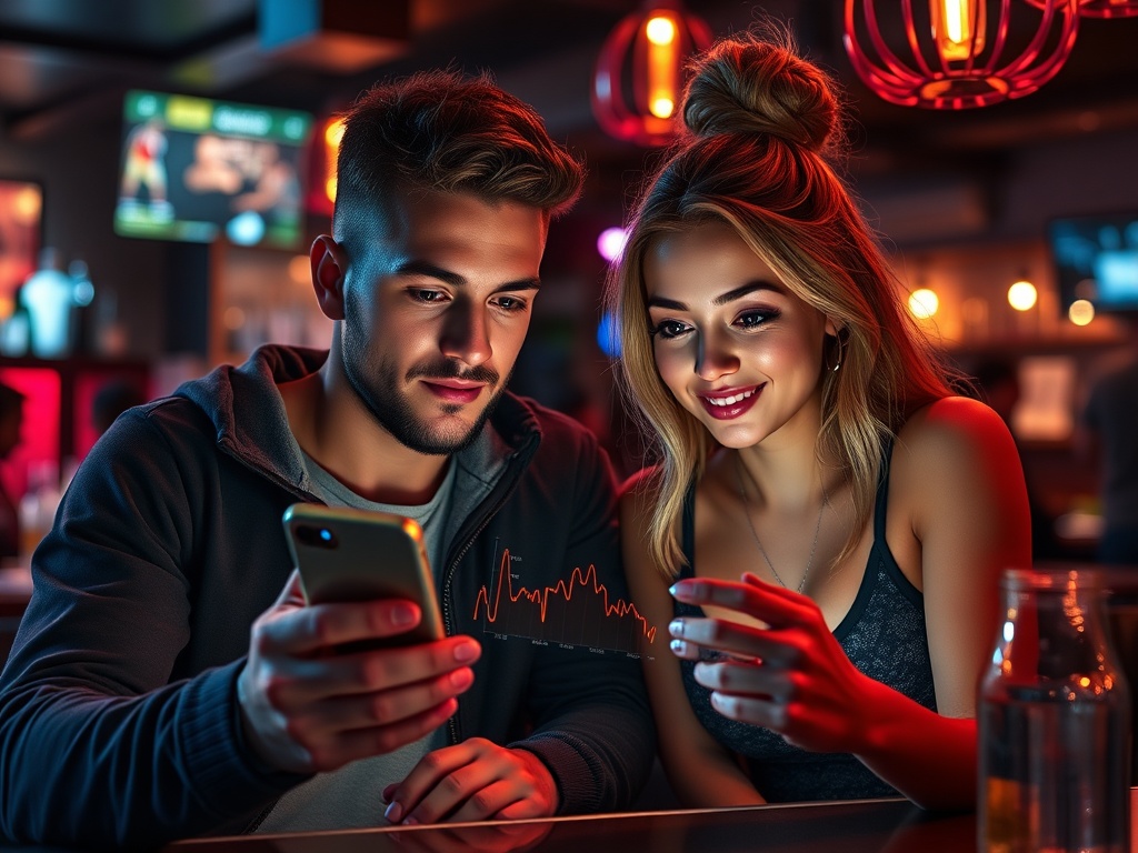 A sporty young man and woman in a bar, focused on a smartphone showing basketball real-time analytics, glowing charts, energetic night lighting." "You MUST not include ANY brand images or logos. You may ONLY reply with the format given. If you do NOT do s