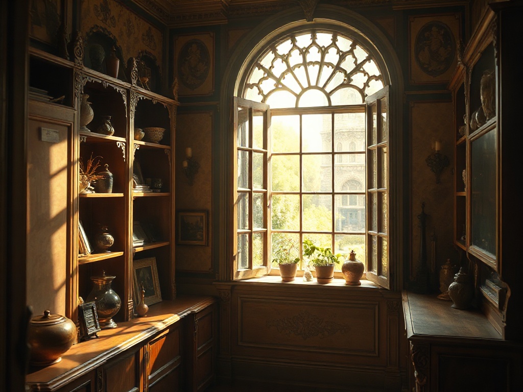 "A tranquil, sunlit Victorian-style room with ornate shelves,散 English garden through window, hidden objects peeking from corners, warm colors, dust motes, soft focus, mysterious atmosphere."