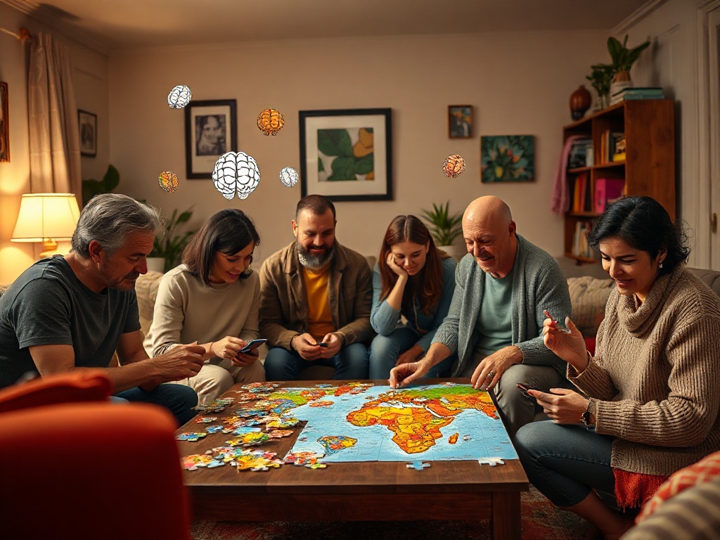 "A vibrant, cozy living room with diverse adults solving colorful puzzles, brain-teaser motifs floating, warm lighting, varied challenges, dynamic expressions of focus and joy."