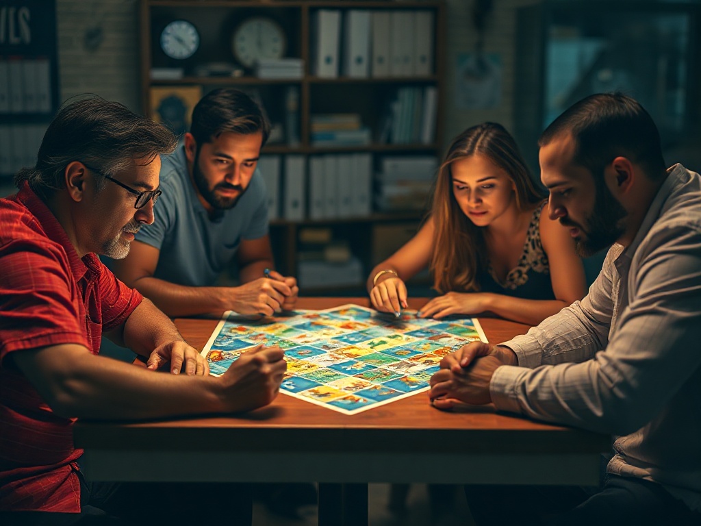 "Four diverse adult players around a table, glowing puzzle tiles, subtle scoreboard glow, warm ambient lighting, focused expressions, dynamic competition atmosphere, cinematic depth of field."