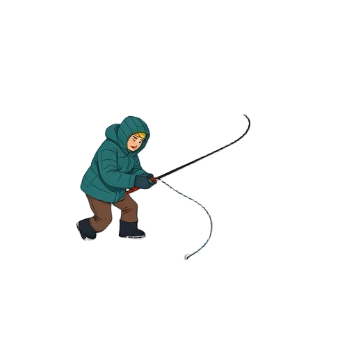 Carefully describe an image in great detail that needs to be generate, use quotes to split visual things. "ice hole" "angler jigging" "winter fish finder"