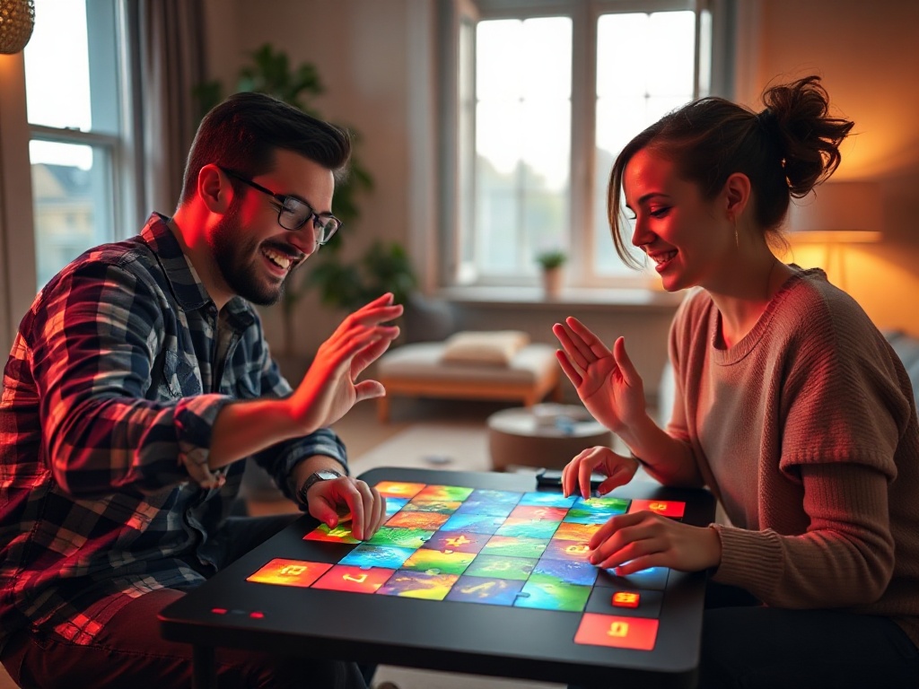 A modern cozy gaming room, adult competitive men and women smiling, hands hovering over colorful jigsaw tiles, subtle glowing UI tiles, warm evening light, shallow depth of field.