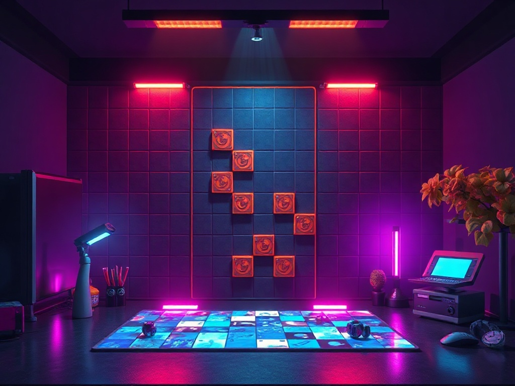 "A stylish adult puzzle battle scene, glowing tiles forming a case, dynamic progress bars, warm neon accents, calm desk ambiance, high-contrast lighting"