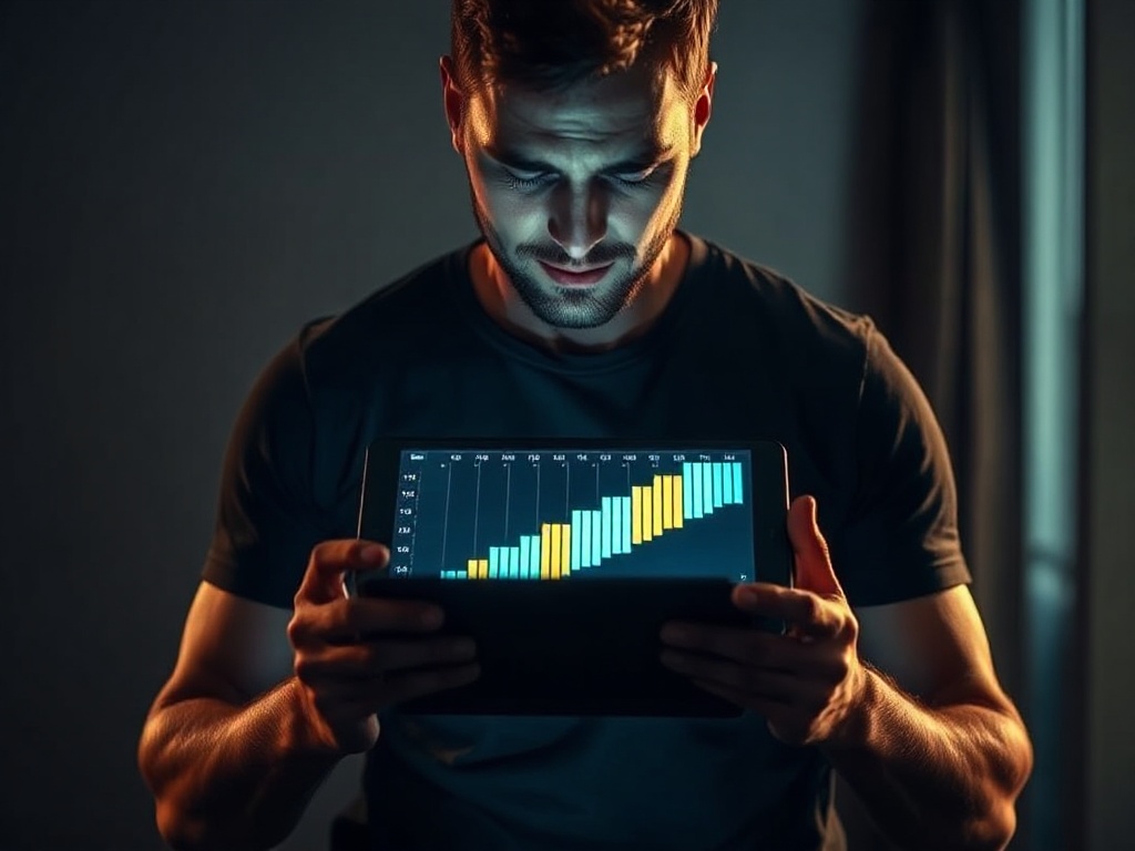 "A focused adult man holding a tablet with an abstract sliding puzzle; glowing score bars rise; subtle prana-like light swirls around his breathing posture." "Use cinematic lighting, modern minimal interior, high detail, no logos."