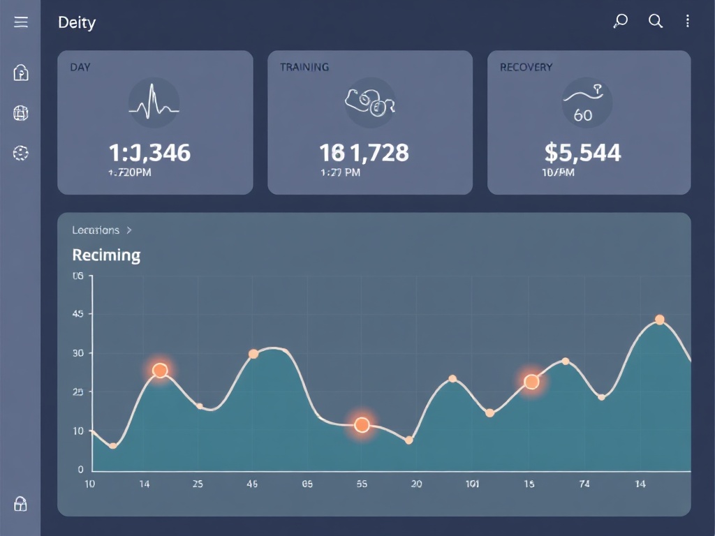 "interactive sports dashboard" "three glowing day cards" "charts turning into simple paths" "training load and recovery icons" "pulse line trends" "motivating upward motion"