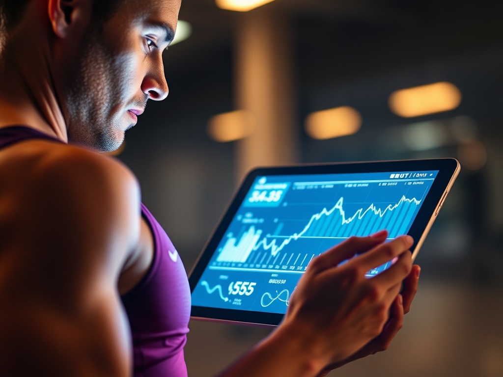 A modern athletic person reviewing glowing training insights on a tablet, visible graphs as abstract lines, warm motivating lighting, dynamic motion blur, clean UI-like shapes.