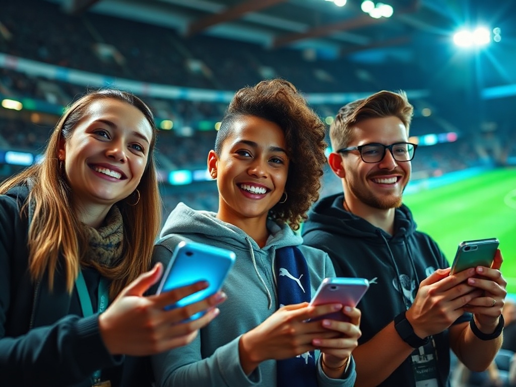 "three young football fans" "smiling while using smartphones" "glowing chart-like overlays" "stadium background" "dynamic blue-green lighting"