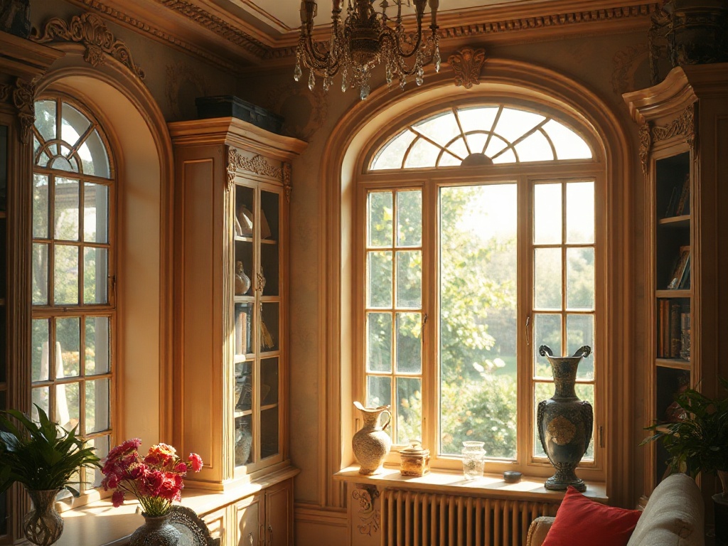"A tranquil, sunlit Victorian-style room with ornate shelves,散 English garden through window, hidden objects peeking from corners, warm colors, dust motes, soft focus, mysterious atmosphere."