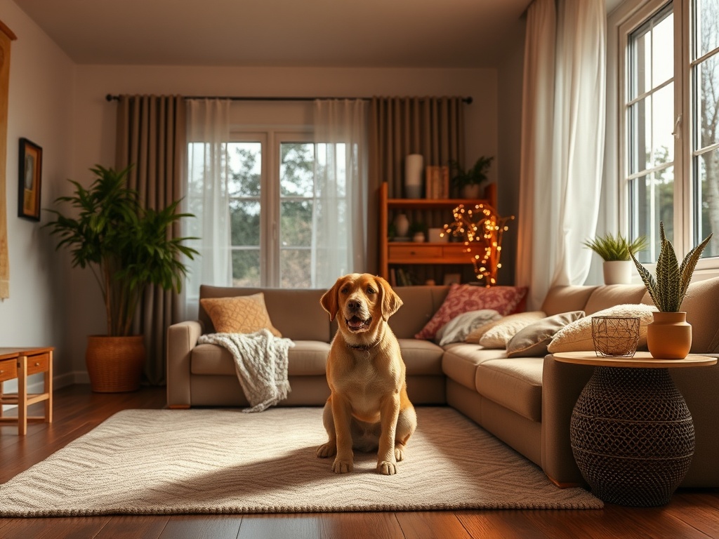 Warm woonkamer, glimlachende baasjes begeleiden speelse pup; zachte lichtbundel vormt pad van routines, mentorsfeer, realistische huiselijke setting, vertrouwen. "You MUST not include ANY brand images or logos. You may ONLY reply with the format given. If