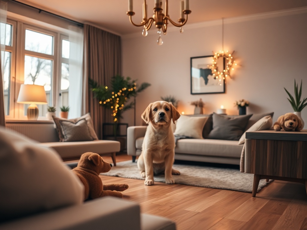Warm woonkamer, glimlachende baasjes begeleiden speelse pup; zachte lichtbundel vormt pad van routines, mentorsfeer, realistische huiselijke setting, vertrouwen. "You MUST not include ANY brand images or logos. You may ONLY reply with the format given. If