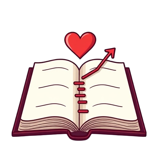 Carefully describe an image in great detail that needs to be generate, use quotes to split visual things. " "book with path" "heart arrow" "small steps"