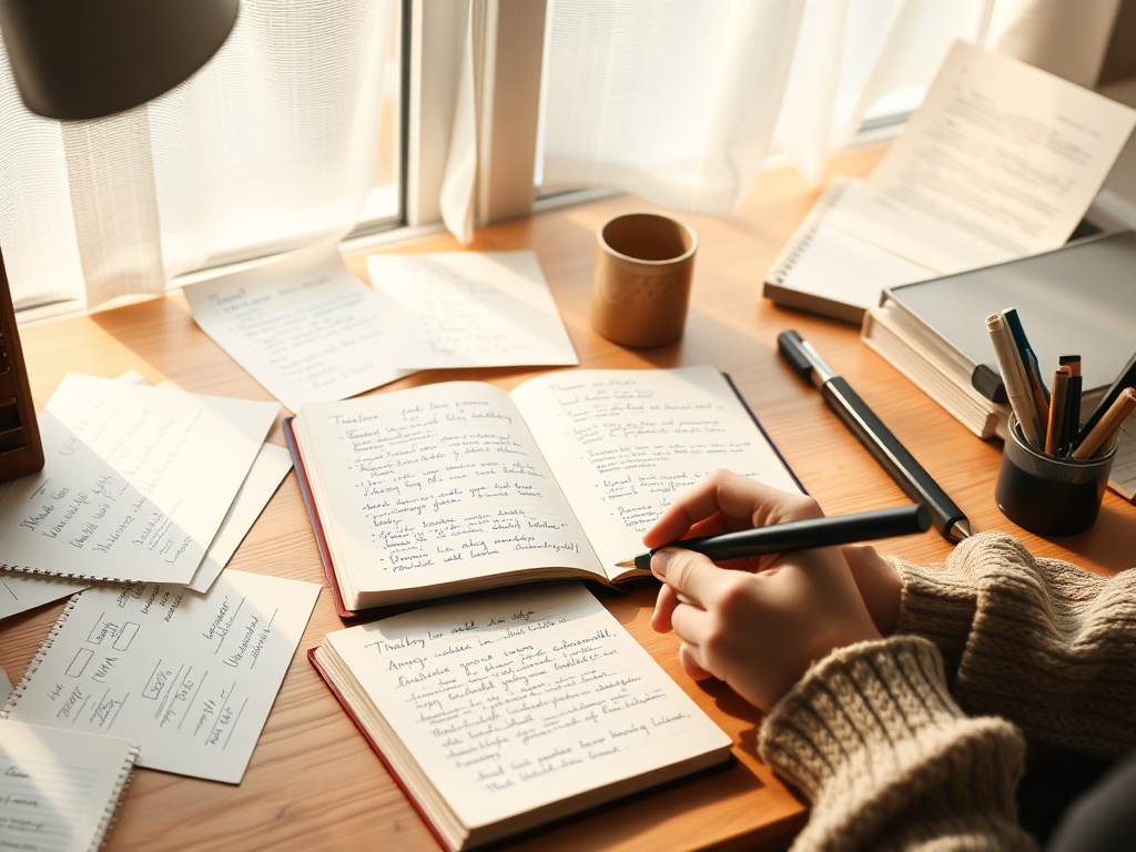 A warm desk scene with open journal, scattered handwritten notes, soft window light, organized timelines on paper, calm hands writing, supportive book aesthetic, hopeful mood.