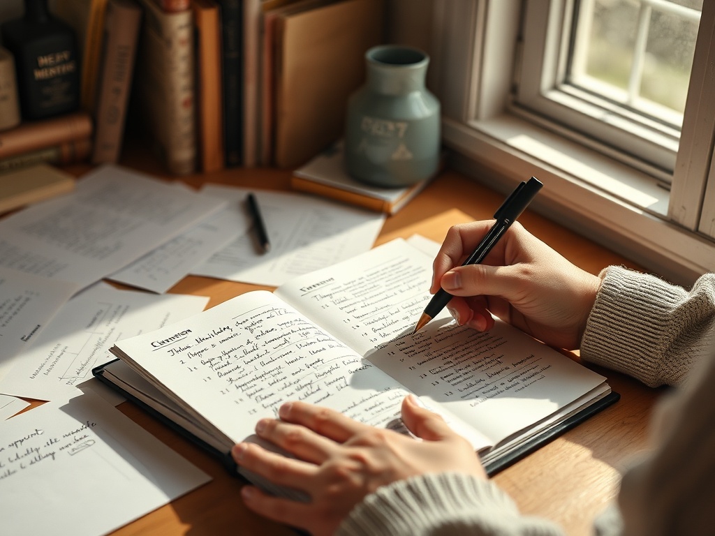 A warm desk scene with open journal, scattered handwritten notes, soft window light, organized timelines on paper, calm hands writing, supportive book aesthetic, hopeful mood.
