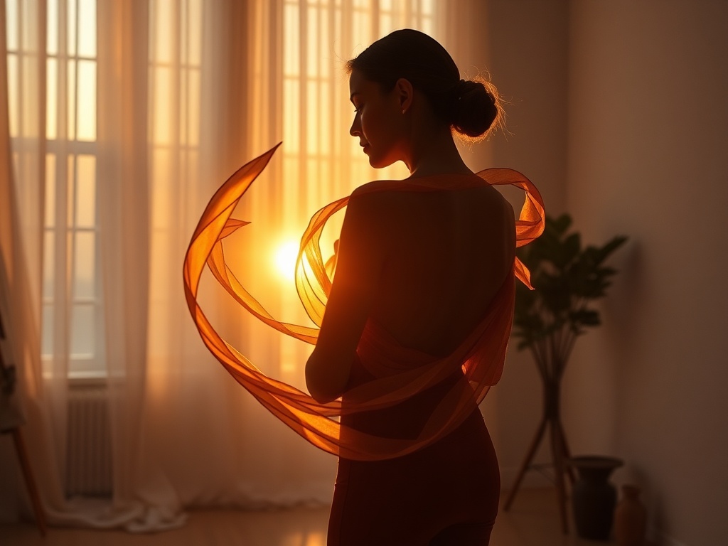 Serene studio space at dawn, warm natural light, subtle flowing silk ribbons forming a spiral inside a woman’s silhouette, calm empowering atmosphere, no logos.