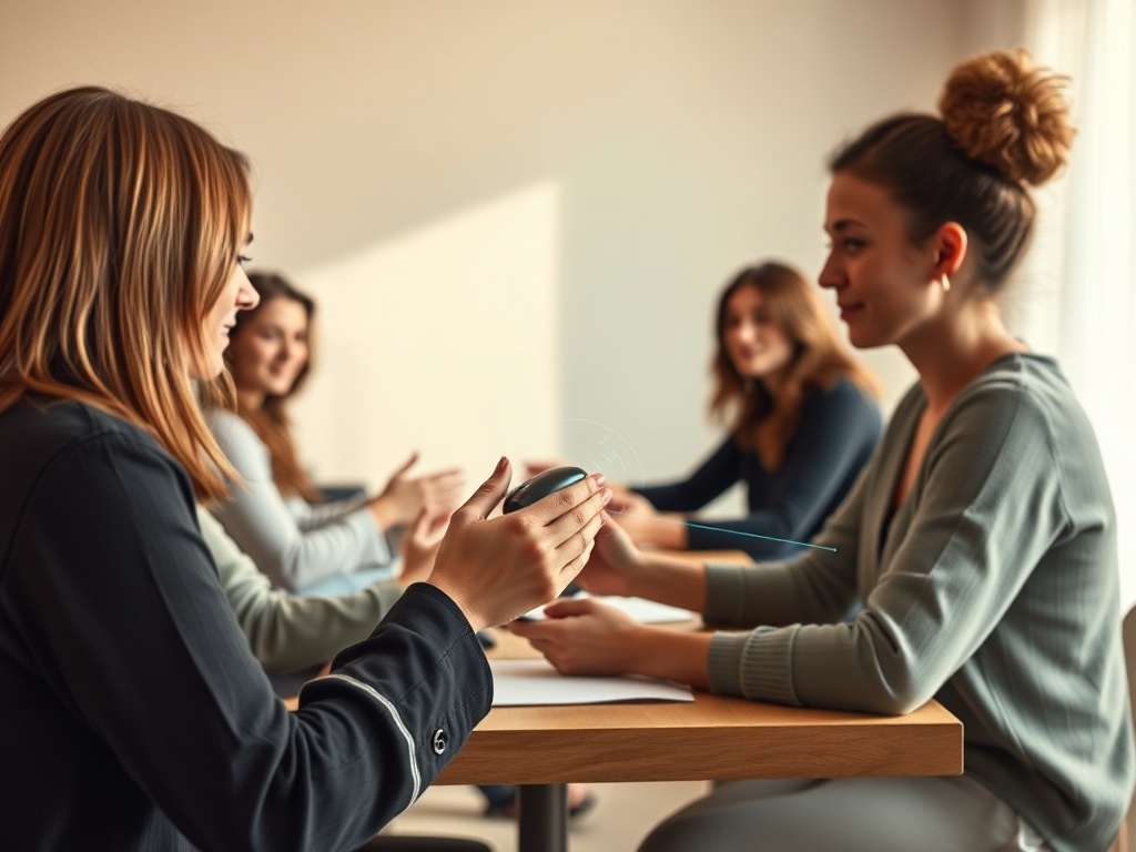 A warm, tranquil workshop scene for women, diverse participants seated around a table, soft natural light, hands holding a sleek bio-sensor device, calm focus, subtle energy lines as abstract glow, modern minimal interior, inviting atmosphere"