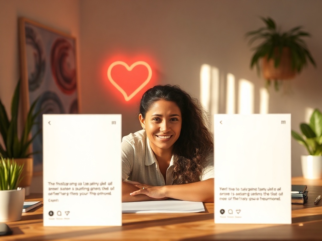 A warm Instagram-themed workspace with three blurred “testimonial” style cards, glowing heart motif, upward arrow visual, confident entrepreneur portrait, soft daylight, minimal icons. You MUST not include ANY brand images or logos. You may ONLY reply