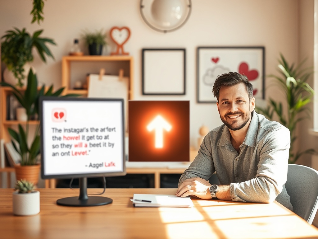 A warm Instagram-themed workspace with three blurred “testimonial” style cards, glowing heart motif, upward arrow visual, confident entrepreneur portrait, soft daylight, minimal icons. You MUST not include ANY brand images or logos. You may ONLY reply