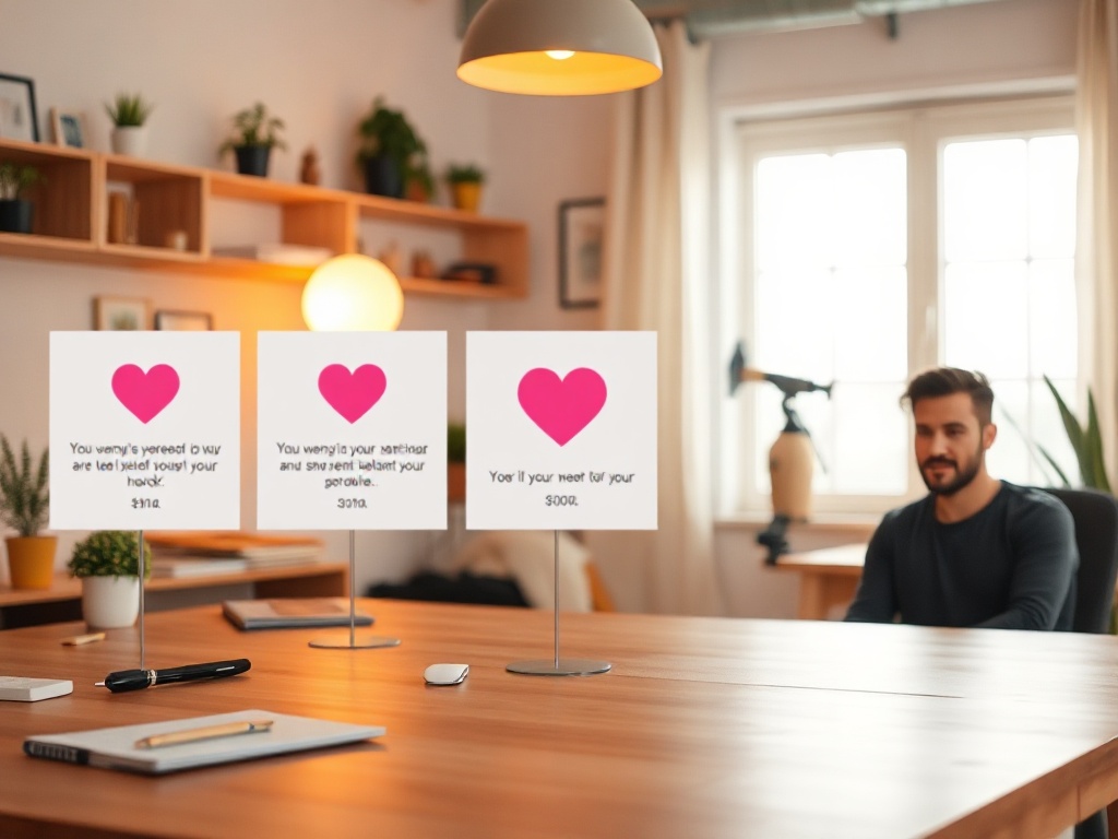 A warm Instagram-themed workspace with three blurred “testimonial” style cards, glowing heart motif, upward arrow visual, confident entrepreneur portrait, soft daylight, minimal icons. You MUST not include ANY brand images or logos. You may ONLY reply