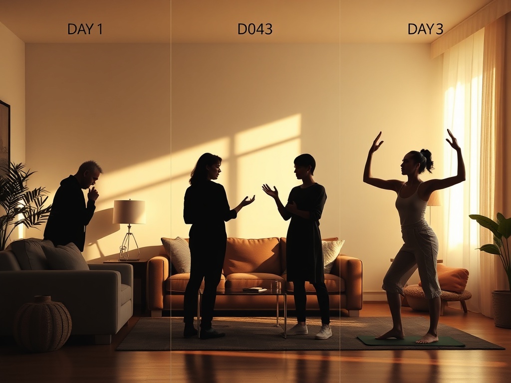"triptych of a family living room; Day1 tense silhouettes; Day2 two figures listening with open hands; Day3 flowing breath lines and gentle yoga poses, warm calm light"