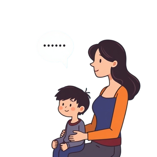 Carefully describe an image in great detail that needs to be generate, use quotes to split visual things, "Parent" "child" "speech bubbles" "connection" "calm" "no fix"