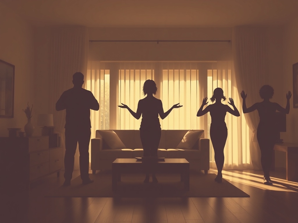 "triptych of a family living room; Day1 tense silhouettes; Day2 two figures listening with open hands; Day3 flowing breath lines and gentle yoga poses, warm calm light"