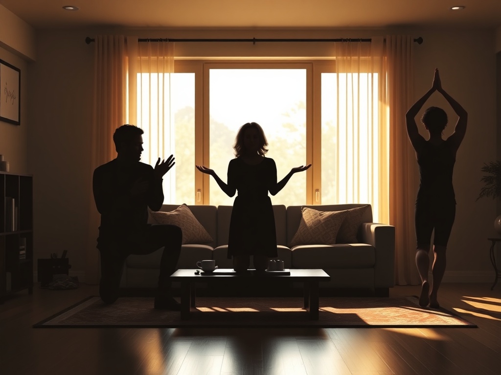 "triptych of a family living room; Day1 tense silhouettes; Day2 two figures listening with open hands; Day3 flowing breath lines and gentle yoga poses, warm calm light"