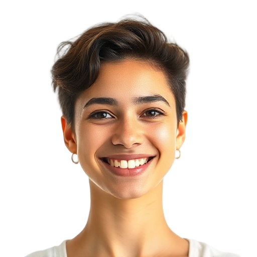 A person smiling to the camera with a white background looking like