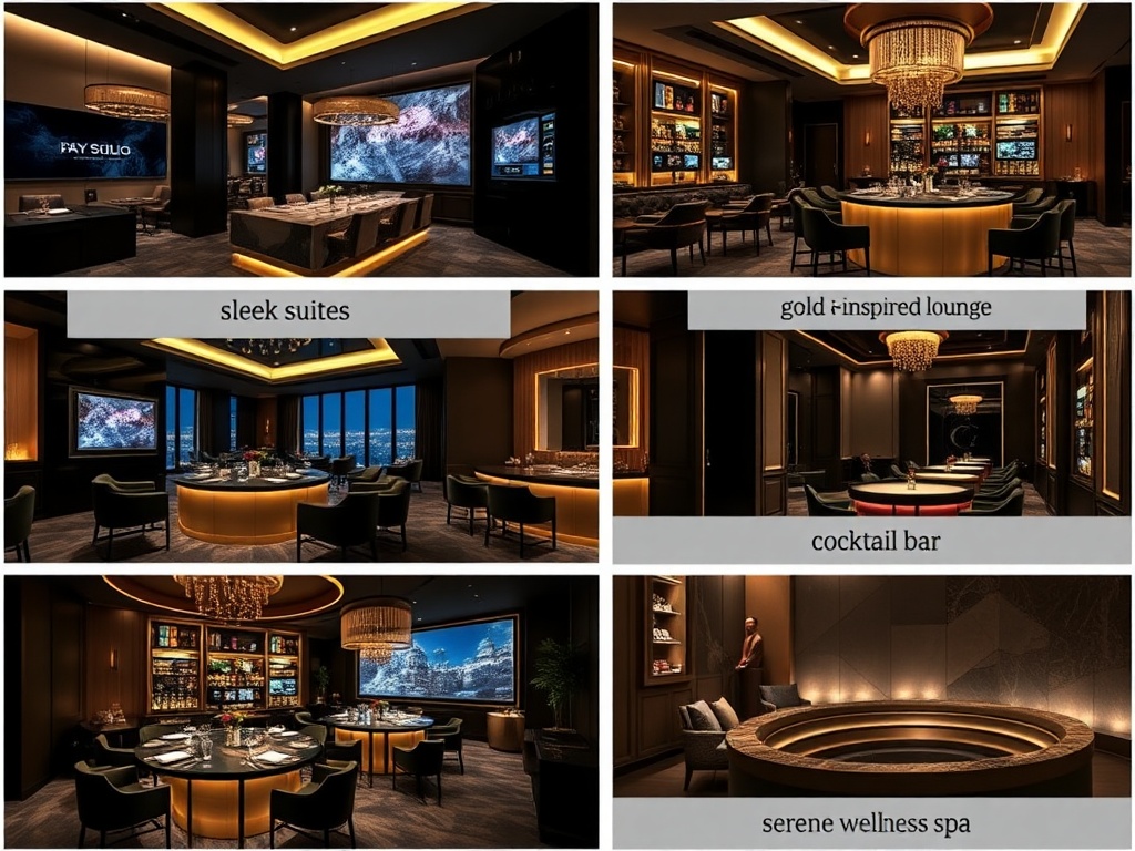 A nocturnal modern casinohotel interior collage showing "sleek suites", "gold-lit gaming lounge", "canal-inspired dining", "cocktail bar", and "serene wellness spa", deep navy matte black warm beige gold accents, cinematic lighting, adult luxury mood.