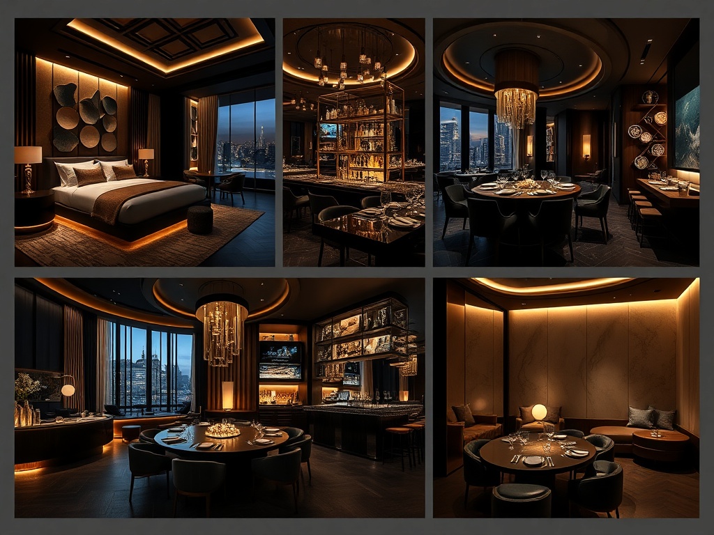 A nocturnal modern casinohotel interior collage showing "sleek suites", "gold-lit gaming lounge", "canal-inspired dining", "cocktail bar", and "serene wellness spa", deep navy matte black warm beige gold accents, cinematic lighting, adult luxury mood.