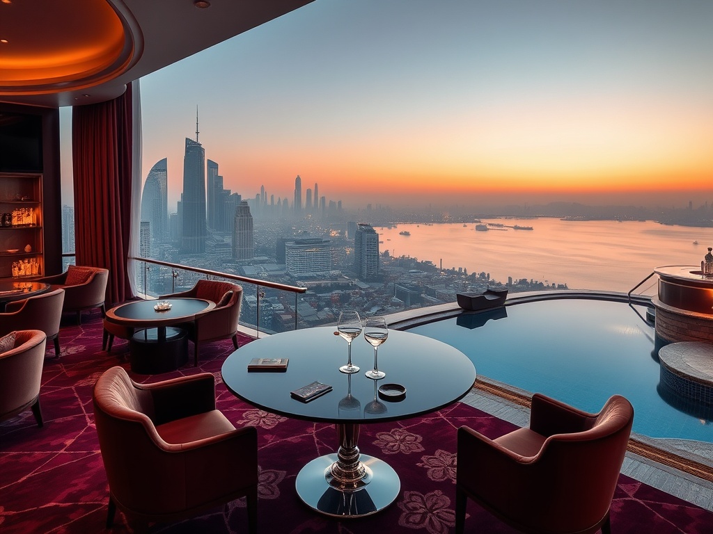 Luxury suite skyline, velvet gaming lounge, canal-inspired dining table, gold-lit cocktail bar, tranquil spa pool, adult elegant mood.
