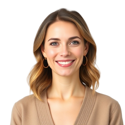 A smiling adult woman in elegant Nordic-inspired attire, subtle warm-gold jewelry, calm confident expression; white background, studio lighting.
