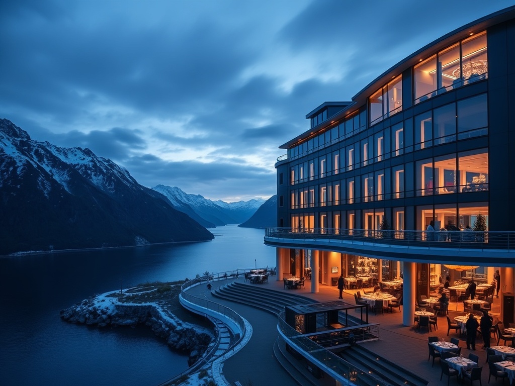 Luxurious Norwegian casino hotel at twilight, midnight blue façade, glacier-white interior glow, panoramic fjord windows, silver-gold accents, private gaming lounge silhouettes.
