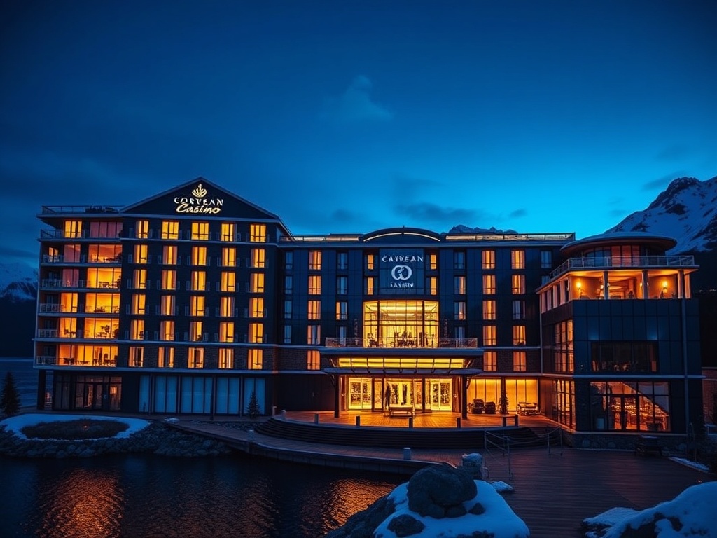 Luxurious Norwegian casino hotel at twilight, midnight blue façade, glacier-white interior glow, panoramic fjord windows, silver-gold accents, private gaming lounge silhouettes.