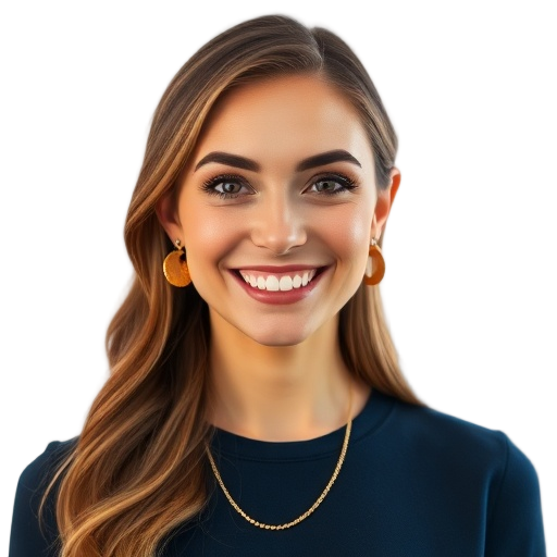 A smiling woman, elegant Nordic style, warm gold jewelry, midnight blue background tones, softly lit luxury hotel lounge, white background, serene premium adult vibe.