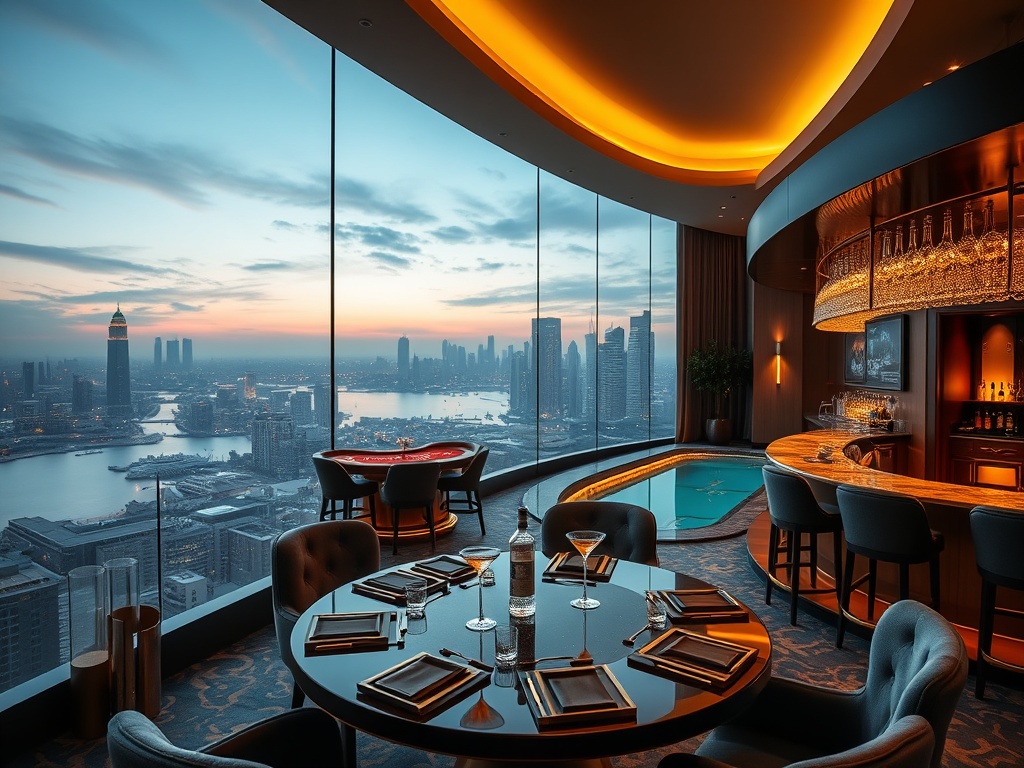 Luxury suite skyline, velvet gaming lounge, canal-inspired dining table, gold-lit cocktail bar, tranquil spa pool, adult elegant mood.