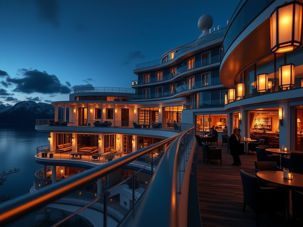 "A luxury Norwegian casino hotel mobile hero scene at twilight, midnight-blue facade, glacier-white accents, silver rails, warm-gold lantern glow, fjord lights, elegant adult atmosphere, private lounge silhouettes, panoramic suite windows, spa steam haze,