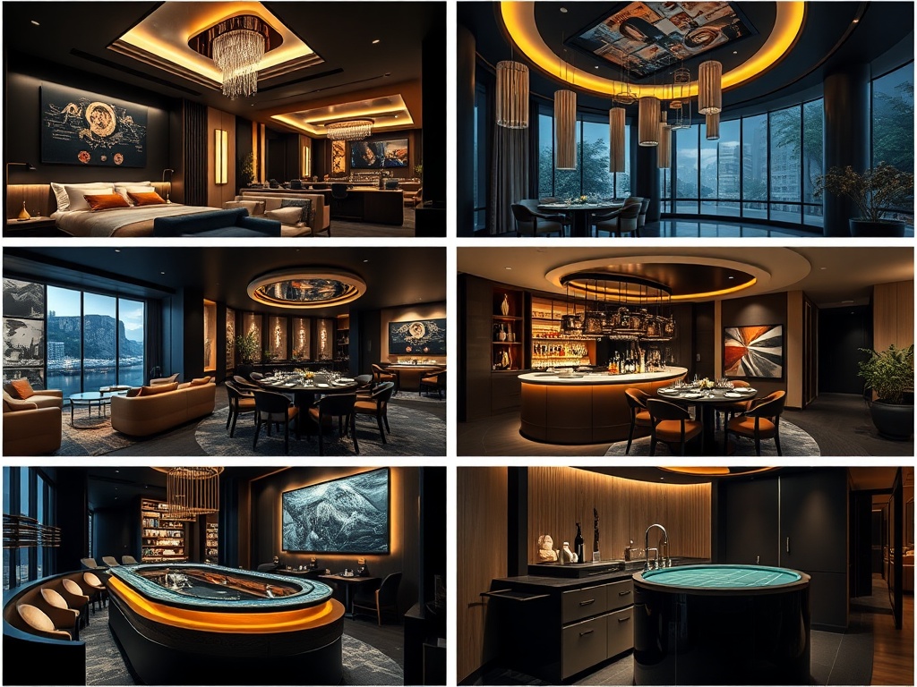 A nocturnal modern casinohotel interior collage showing "sleek suites", "gold-lit gaming lounge", "canal-inspired dining", "cocktail bar", and "serene wellness spa", deep navy matte black warm beige gold accents, cinematic lighting, adult luxury mood.