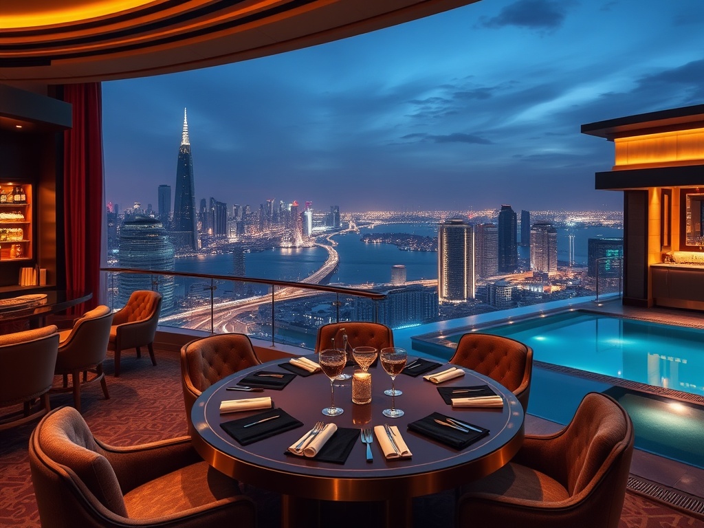 Luxury suite skyline, velvet gaming lounge, canal-inspired dining table, gold-lit cocktail bar, tranquil spa pool, adult elegant mood.