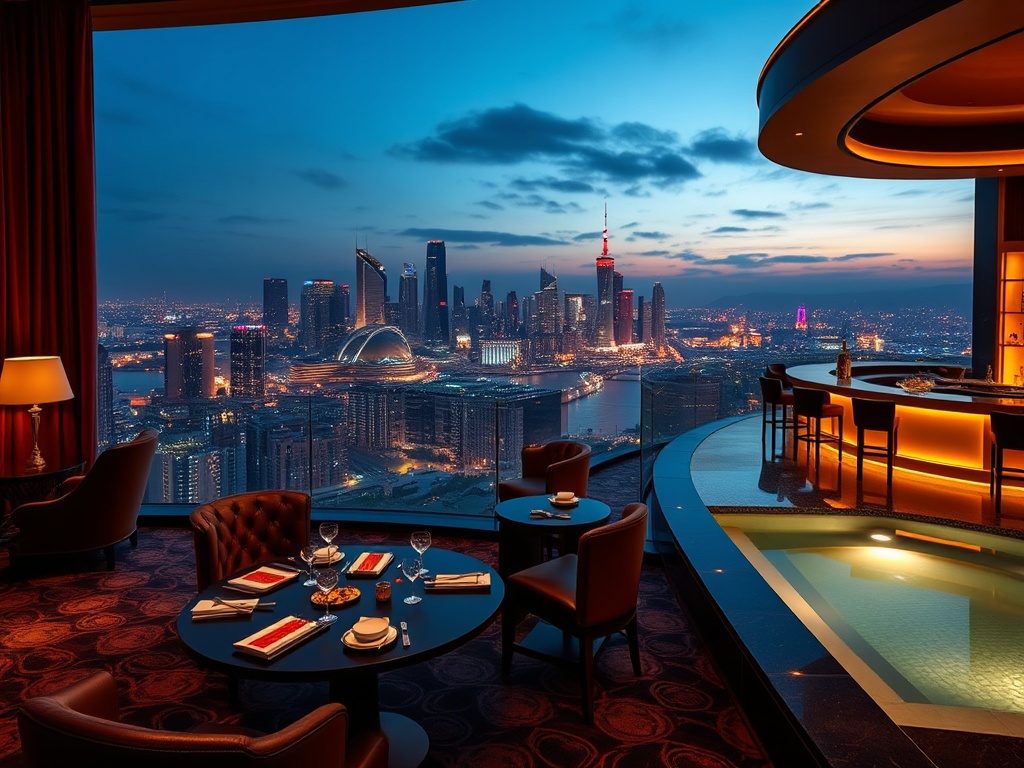 Luxury suite skyline, velvet gaming lounge, canal-inspired dining table, gold-lit cocktail bar, tranquil spa pool, adult elegant mood.