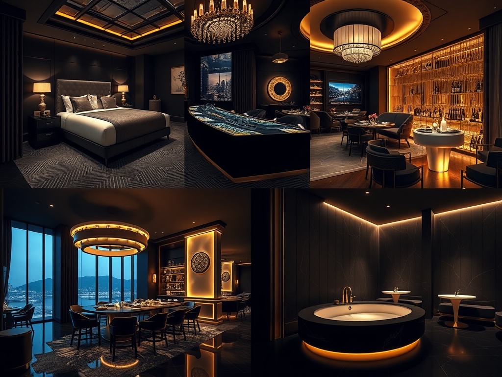 A nocturnal modern casinohotel interior collage showing "sleek suites", "gold-lit gaming lounge", "canal-inspired dining", "cocktail bar", and "serene wellness spa", deep navy matte black warm beige gold accents, cinematic lighting, adult luxury mood.