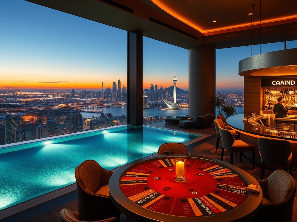 Luxury suite skyline, velvet gaming lounge, canal-inspired dining table, gold-lit cocktail bar, tranquil spa pool, adult elegant mood.