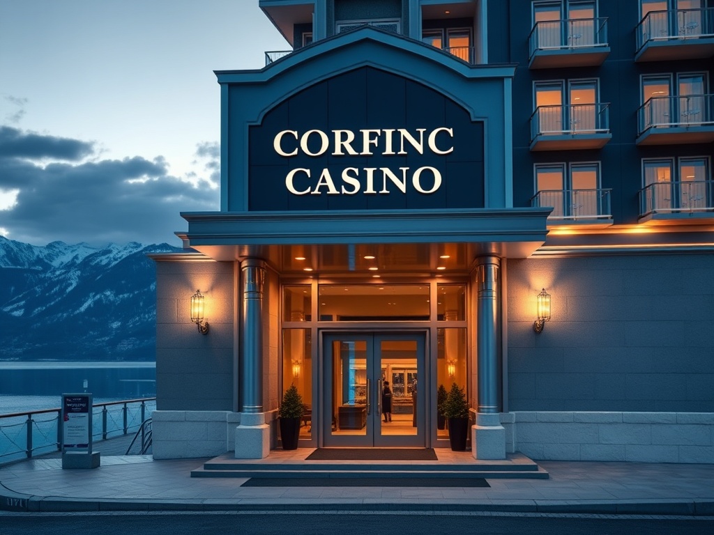 A luxurious Norwegian casino hotel entrance at dusk, midnight-blue and glacier-white architecture, silver accents, warm-gold lighting, fjord panorama, elegant doorway, subtle silhouettes, premium ambience.