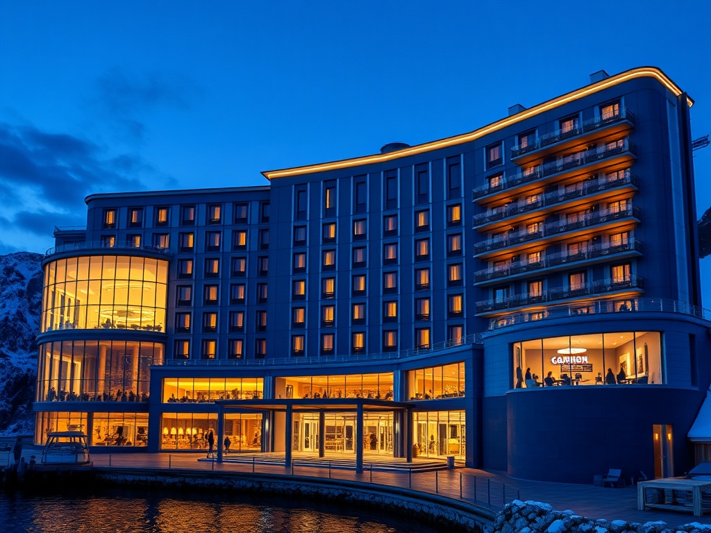 Luxurious Norwegian casino hotel at twilight, midnight blue façade, glacier-white interior glow, panoramic fjord windows, silver-gold accents, private gaming lounge silhouettes.