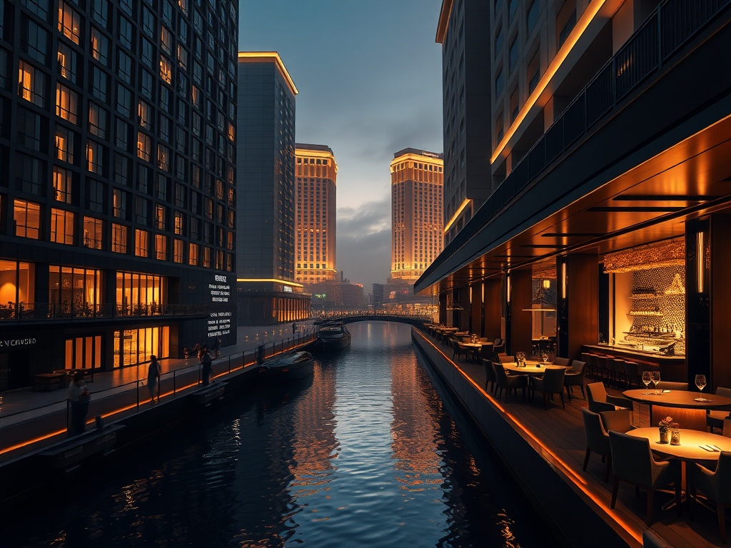 "nighttime canal-lined casino hotel" "sleek luxury suites windows" "casino gaming lounge glow" "gold-accent cocktail bar" "deep navy matte black architecture" "warm beige light mist"