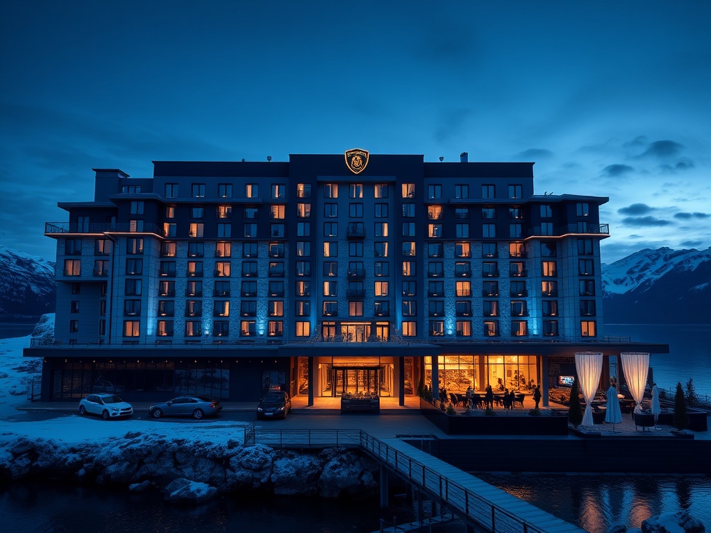 Luxurious Norwegian casino hotel at twilight, midnight blue façade, glacier-white interior glow, panoramic fjord windows, silver-gold accents, private gaming lounge silhouettes.